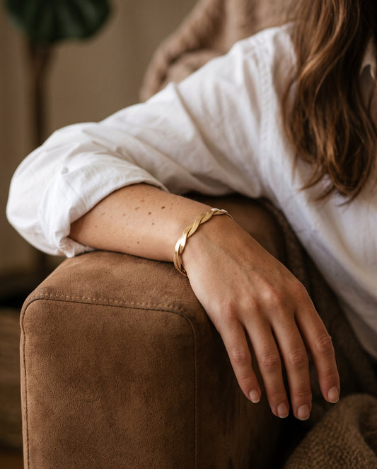 Gold Filled Braided Herringbone Bracelet worn by a model