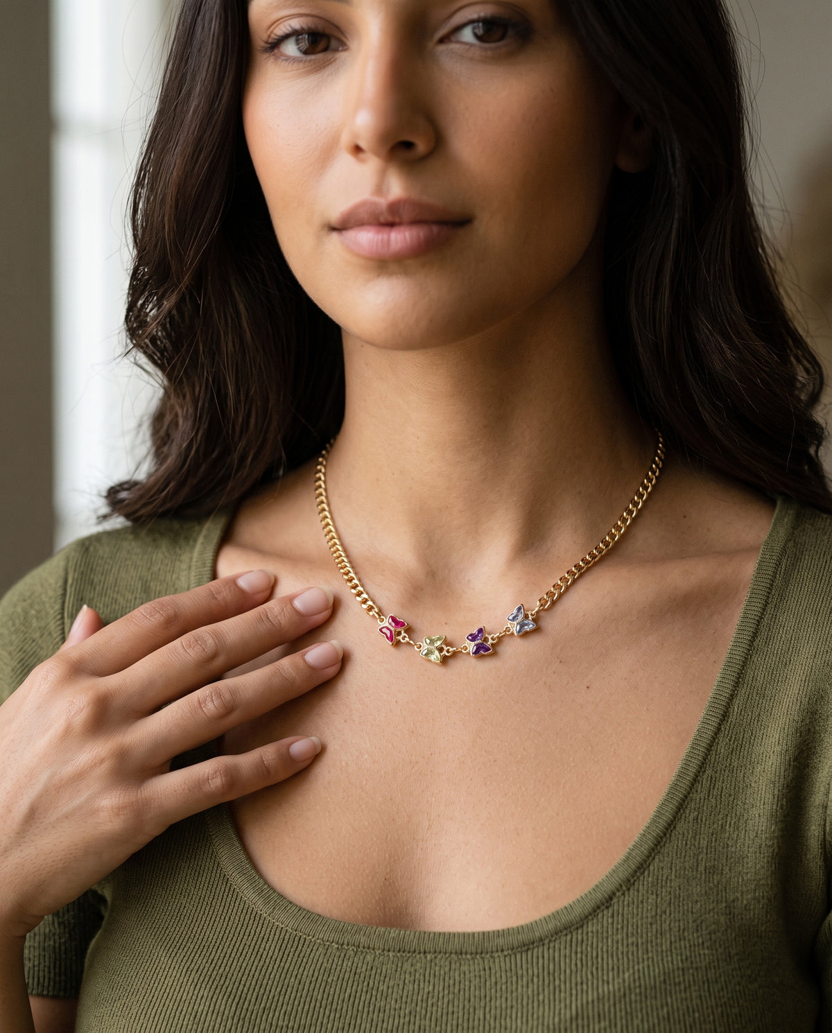 Gold Filled Butterfly Necklace worn by a model