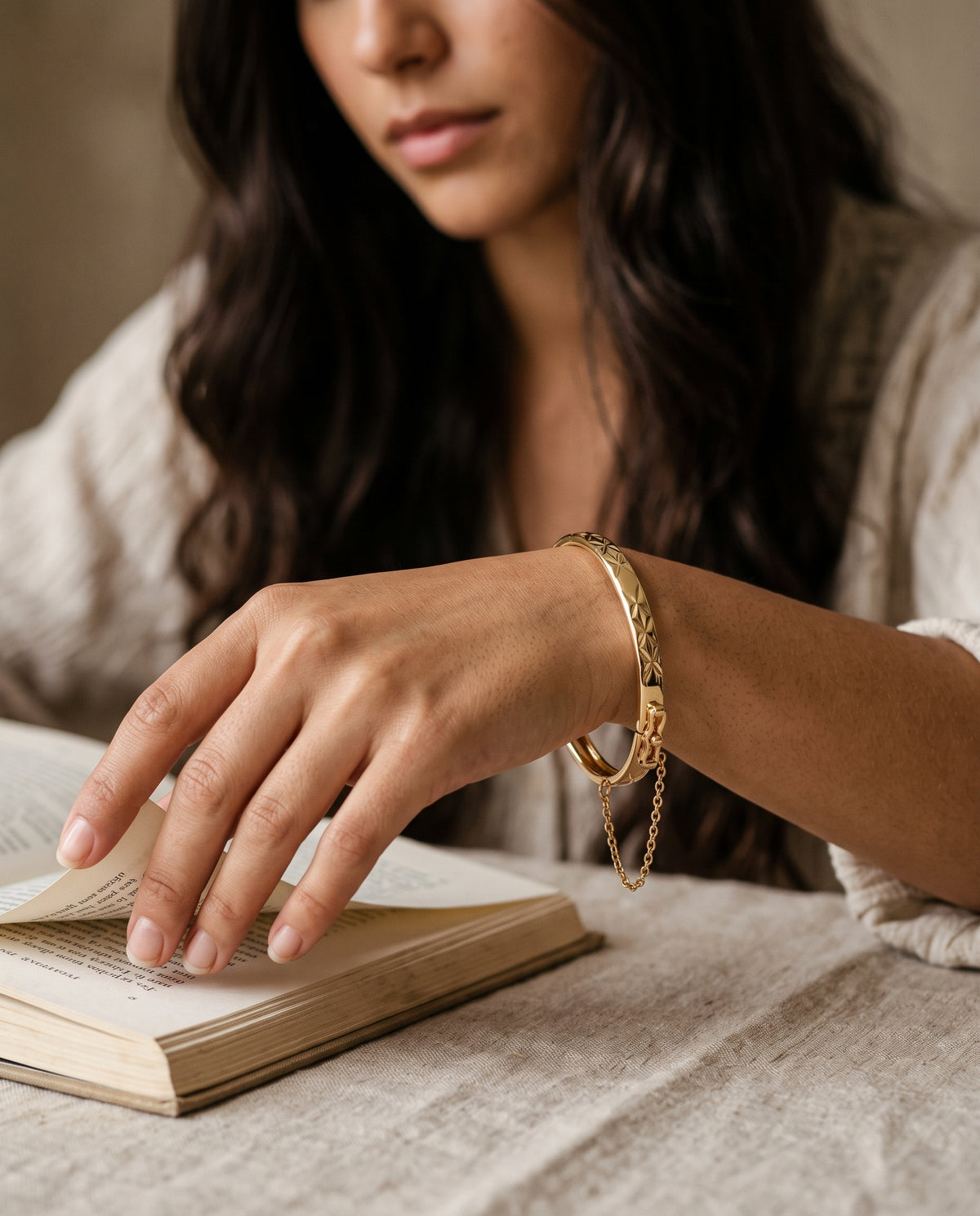 Gold Filled Chain Link Bangle worn by a model