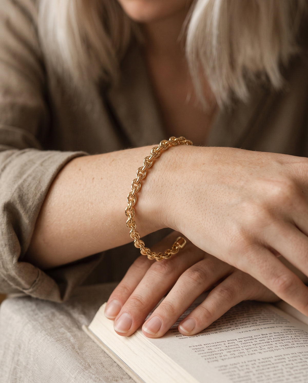 Gold Filled Chain Link Bangle worn by a model