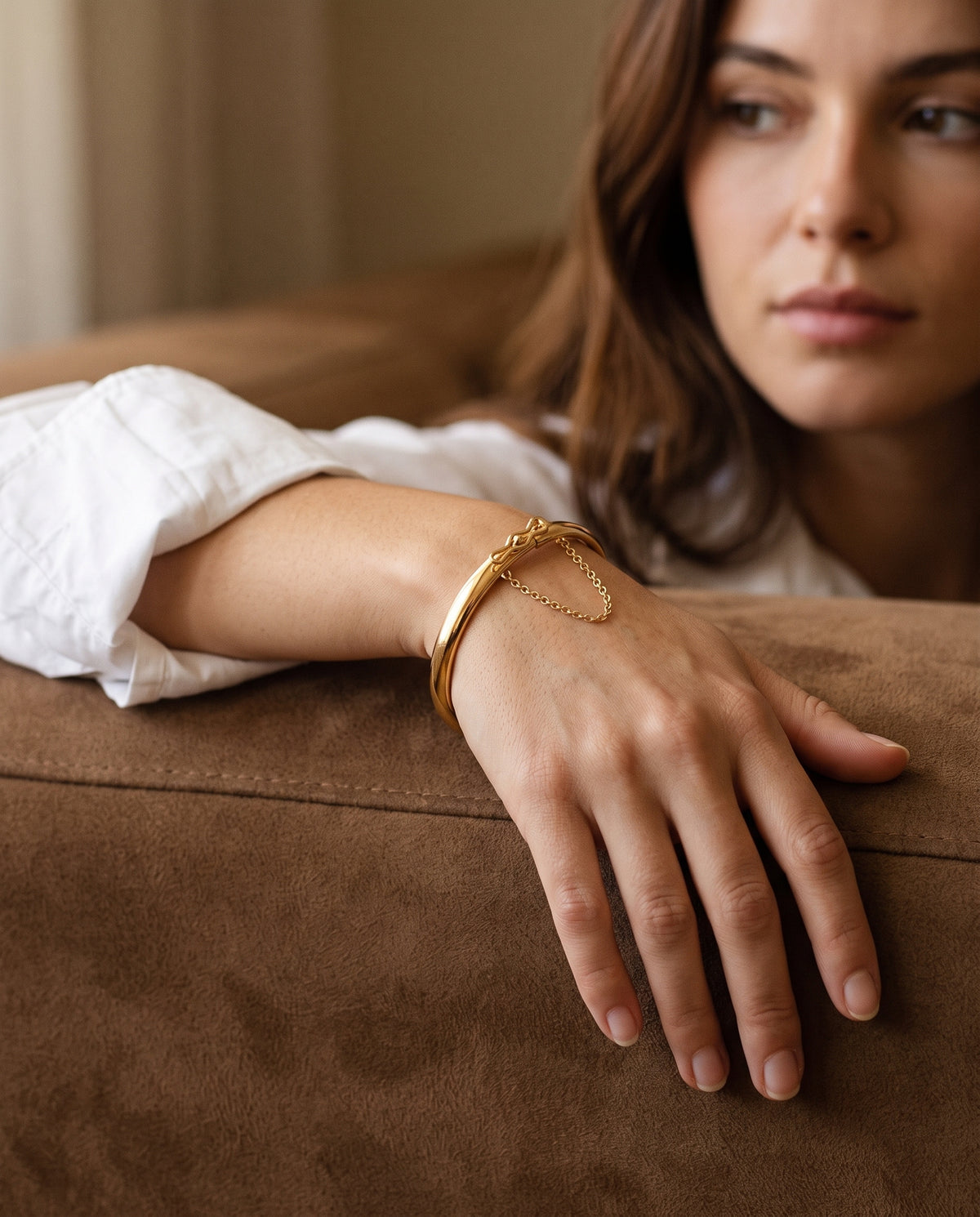 Gold Filled Chain Link Bangle worn by a model
