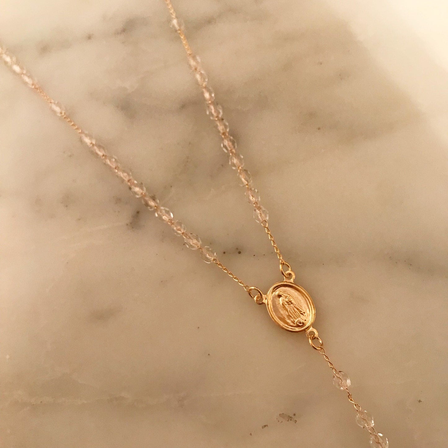 Gold Filled Clear Crystal Rosary Necklace | Delicate Spiritual Elegance by HAUS OF MONOGRAM