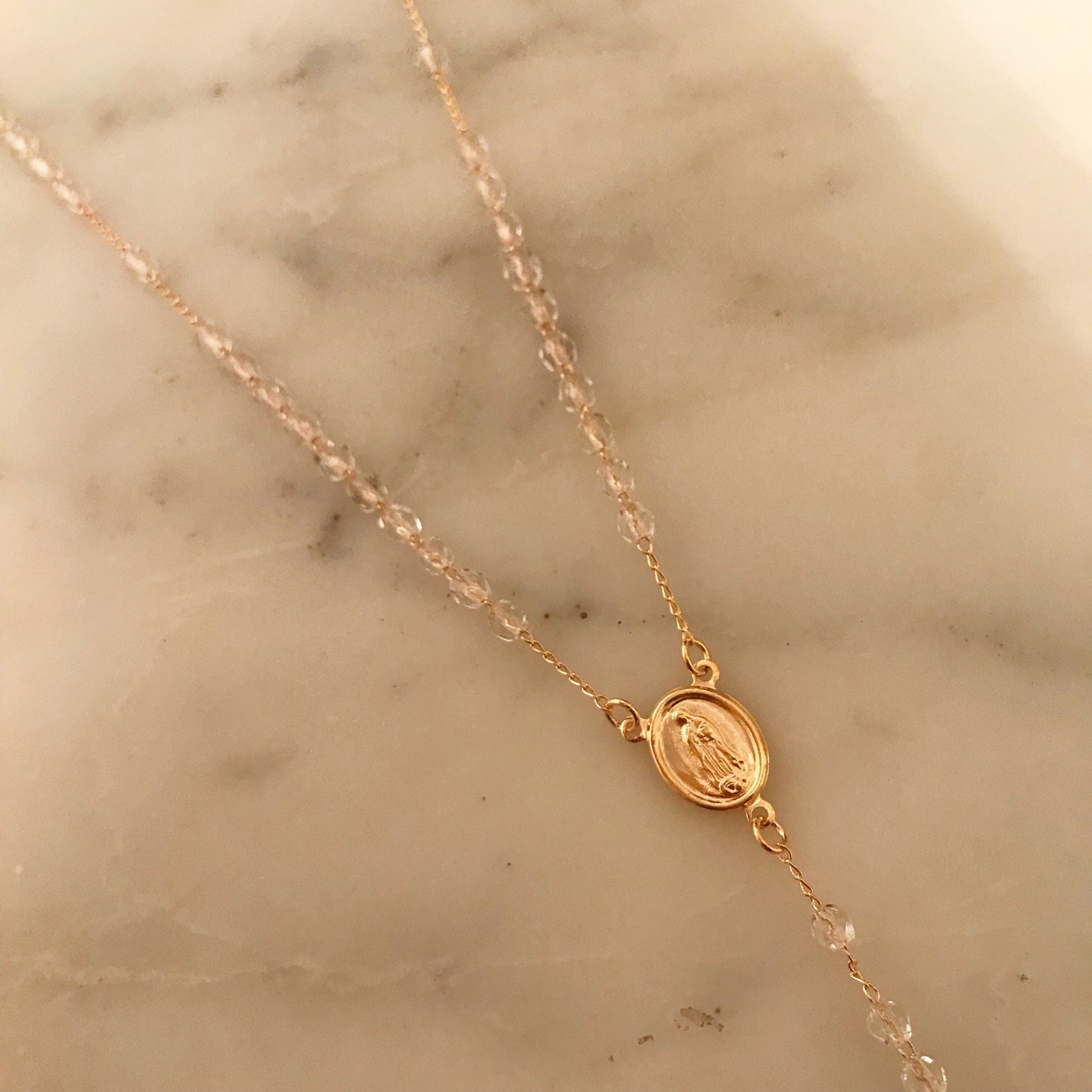 Gold Filled Clear Crystal Rosary Necklace | Delicate Spiritual Elegance by HAUS OF MONOGRAM