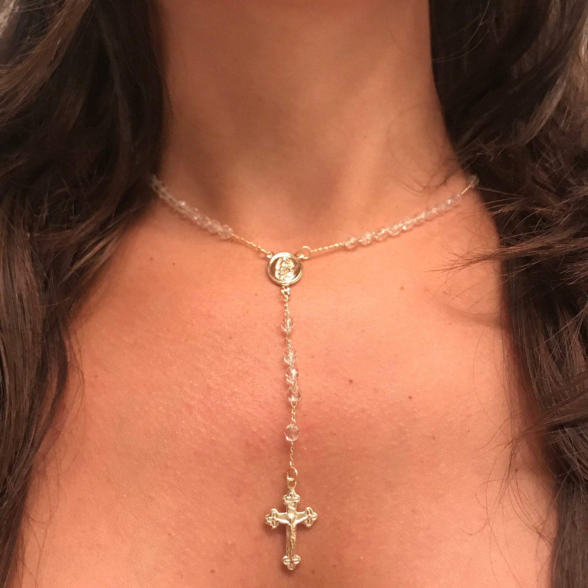 Gold Filled Clear Crystal Rosary Necklace | Delicate Spiritual Elegance by HAUS OF MONOGRAM