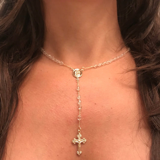 Gold Filled Clear Crystal Rosary Necklace | Delicate Spiritual Elegance by HAUS OF MONOGRAM