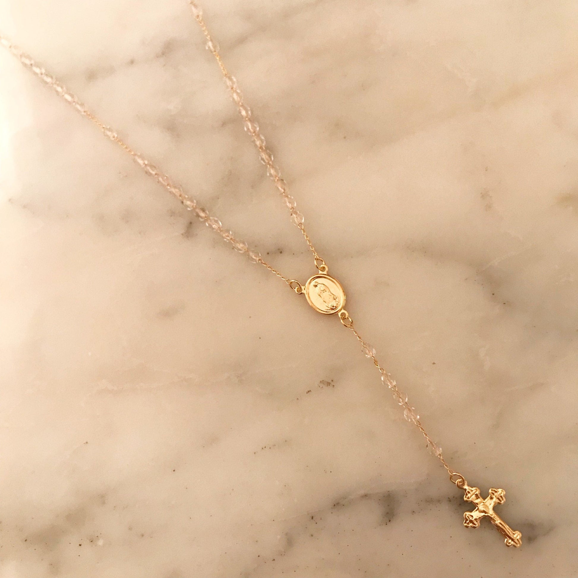 Gold Filled Clear Crystal Rosary Necklace | Delicate Spiritual Elegance by HAUS OF MONOGRAM