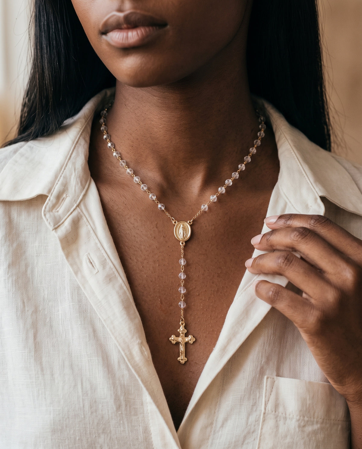 Gold Filled Clear Crystal Rosary Necklace worn by a model