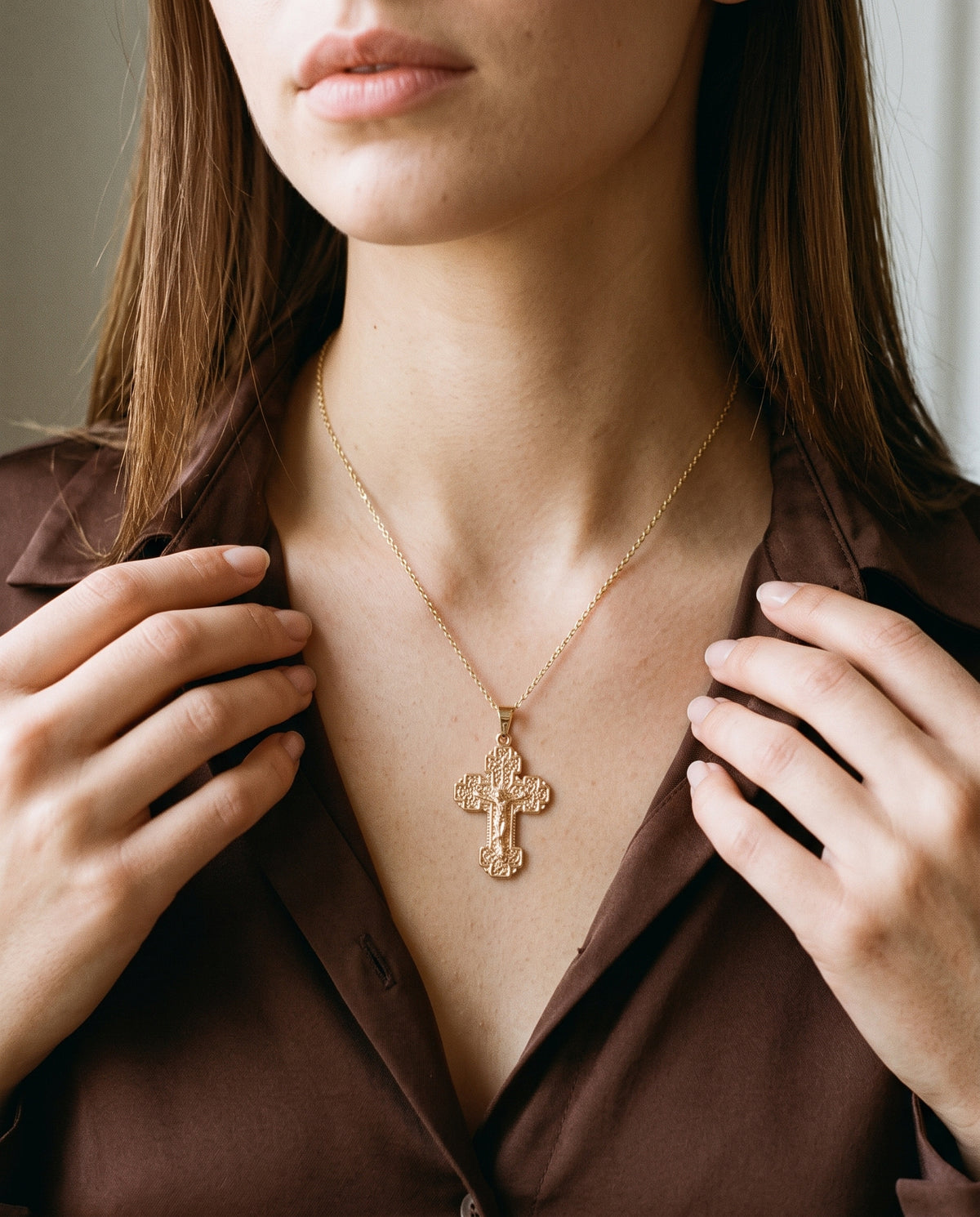 Gold Filled Cross Charm Necklace worn by a model