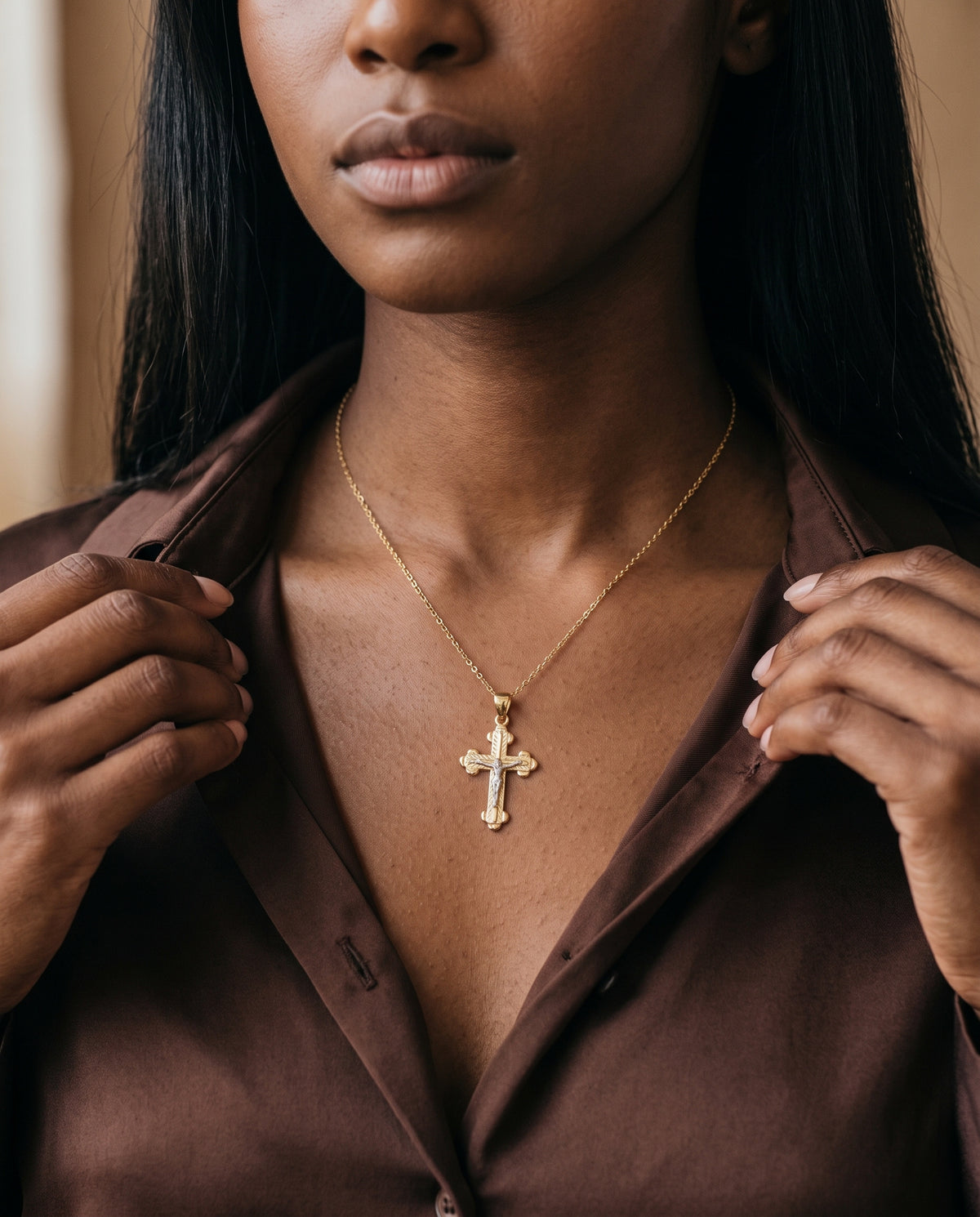 Gold Filled Cross Necklace worn by a model