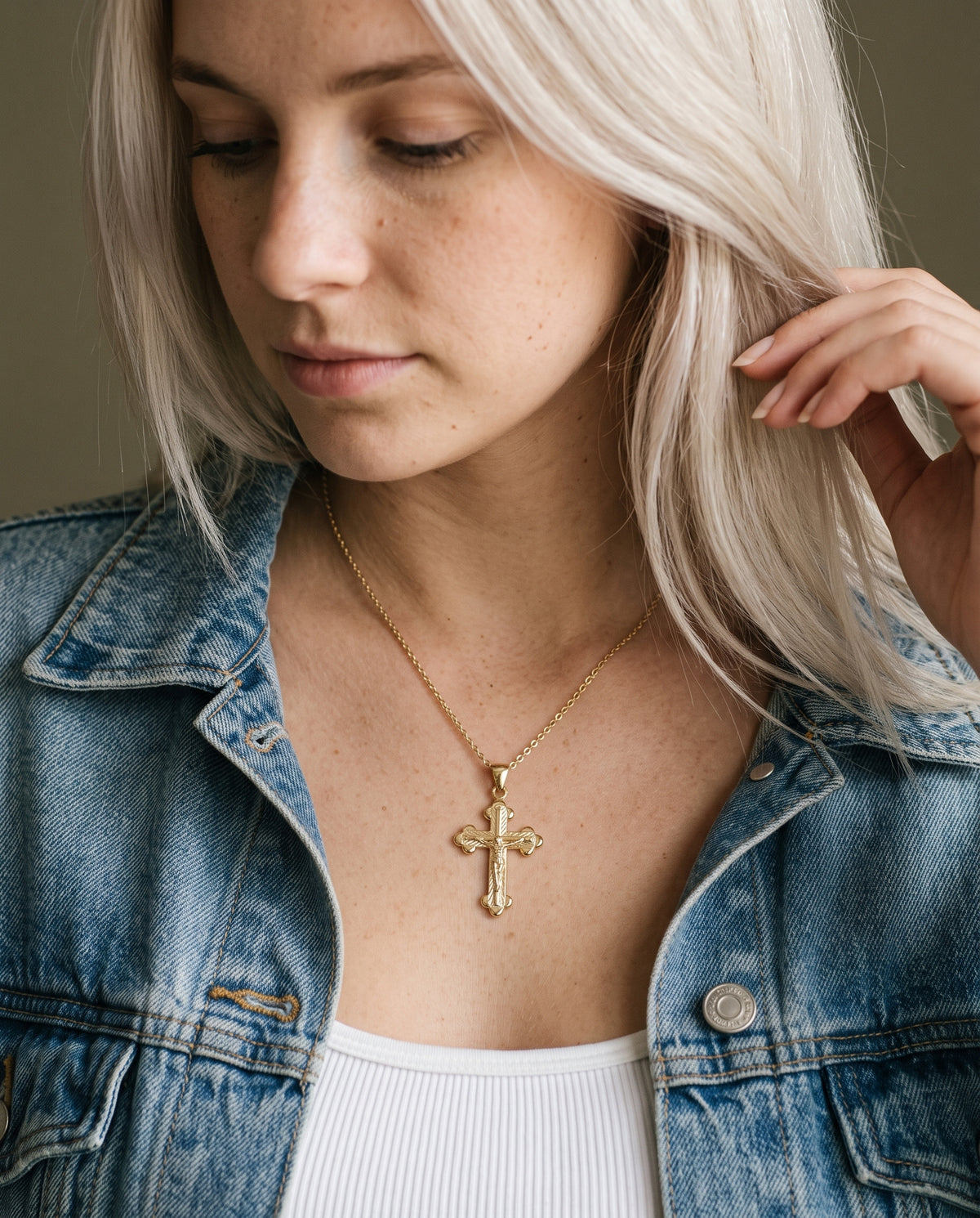 Gold Filled Cross Necklace worn by a model