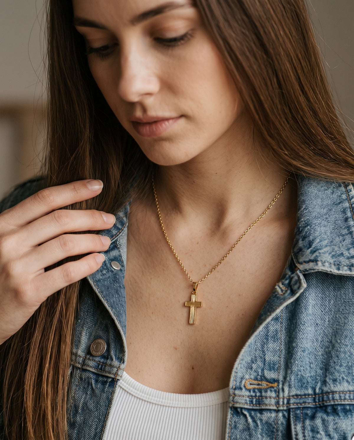 Gold Filled Cross Necklace worn by a model