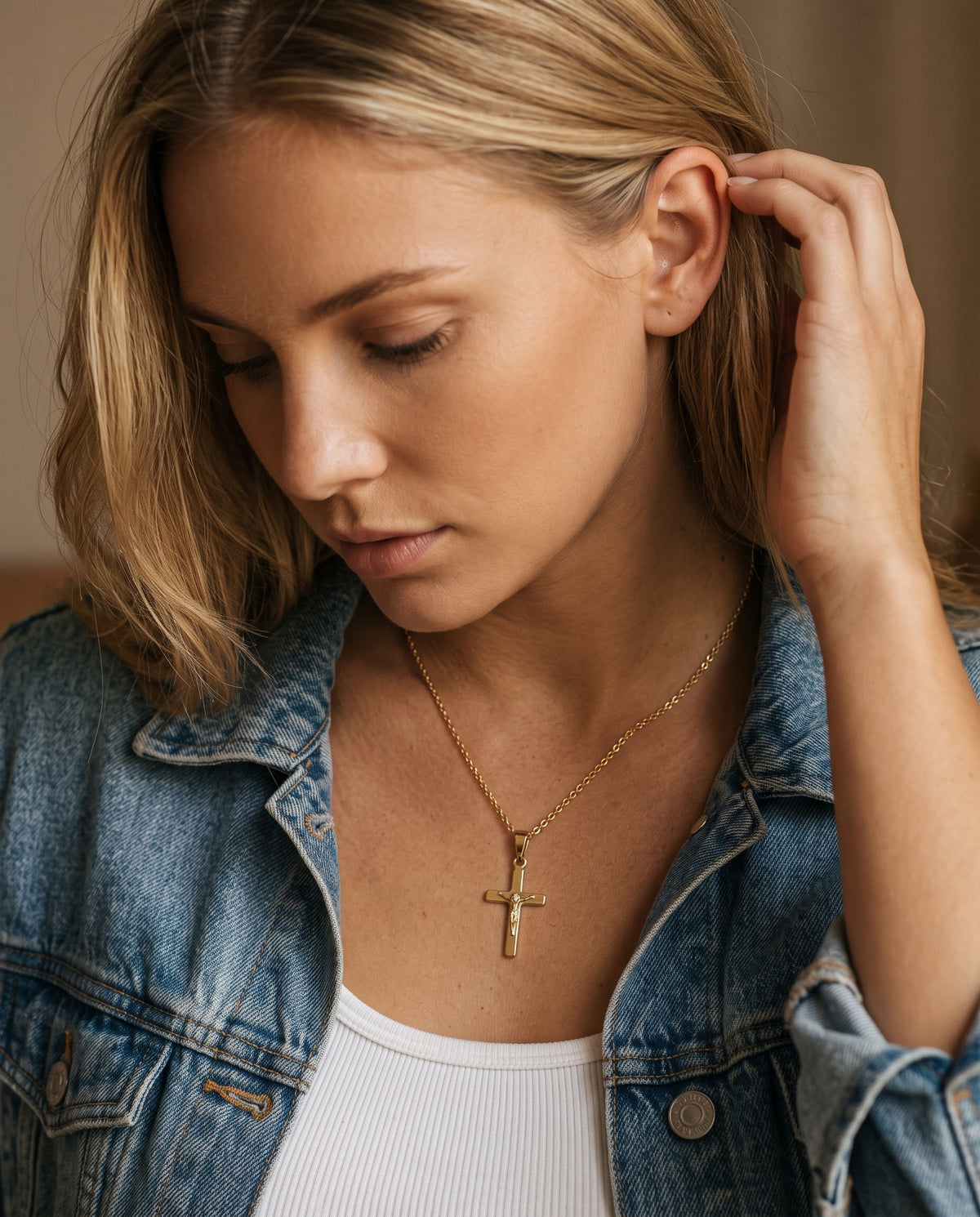 Gold Filled Cross Necklace worn by a model