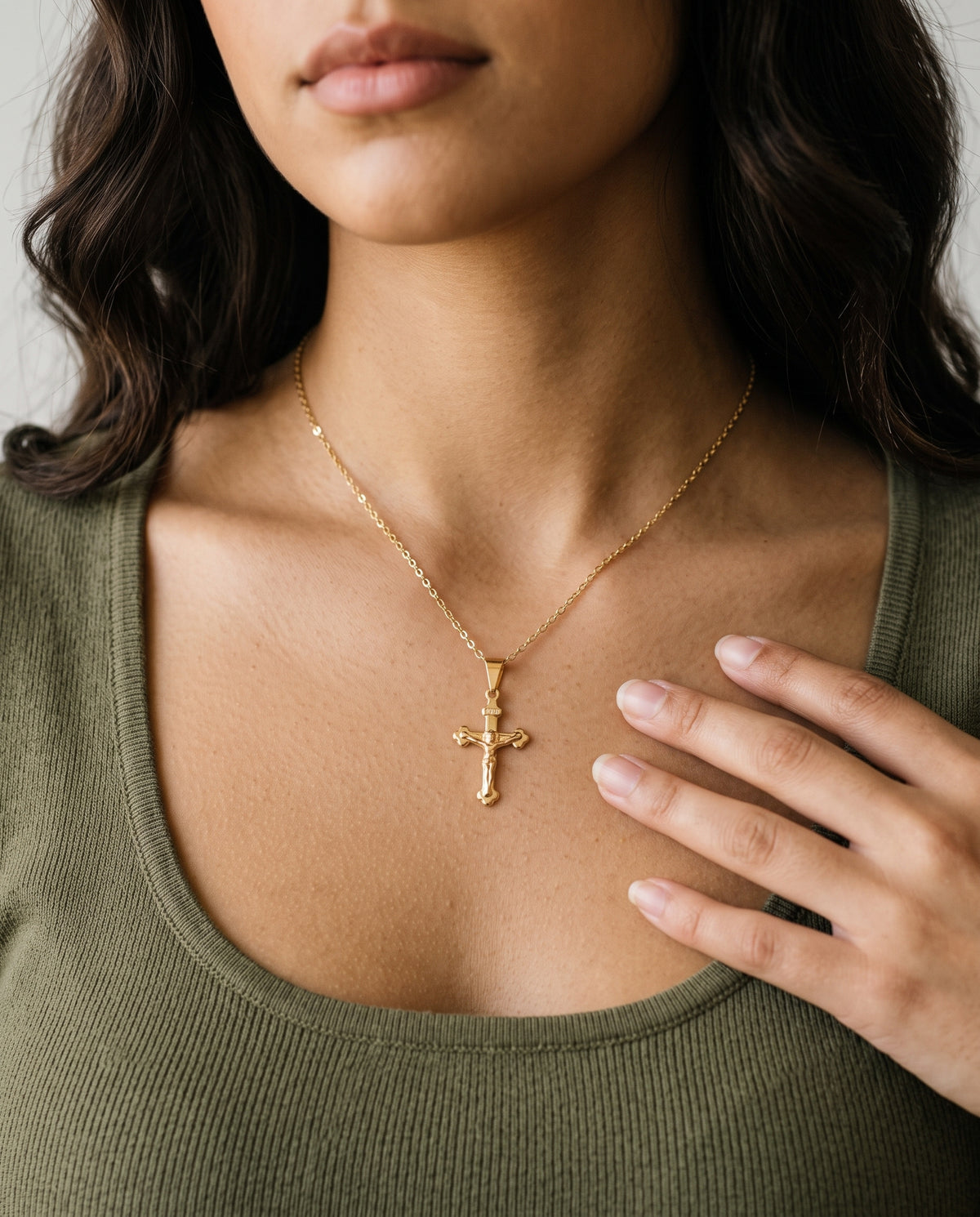 Gold Filled Cross Necklace worn by a model
