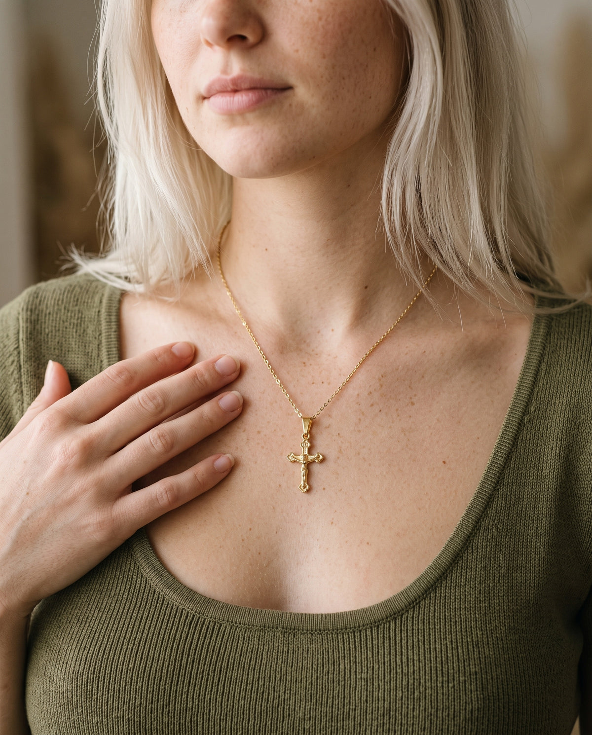 Gold Filled Cross Necklace worn by a model