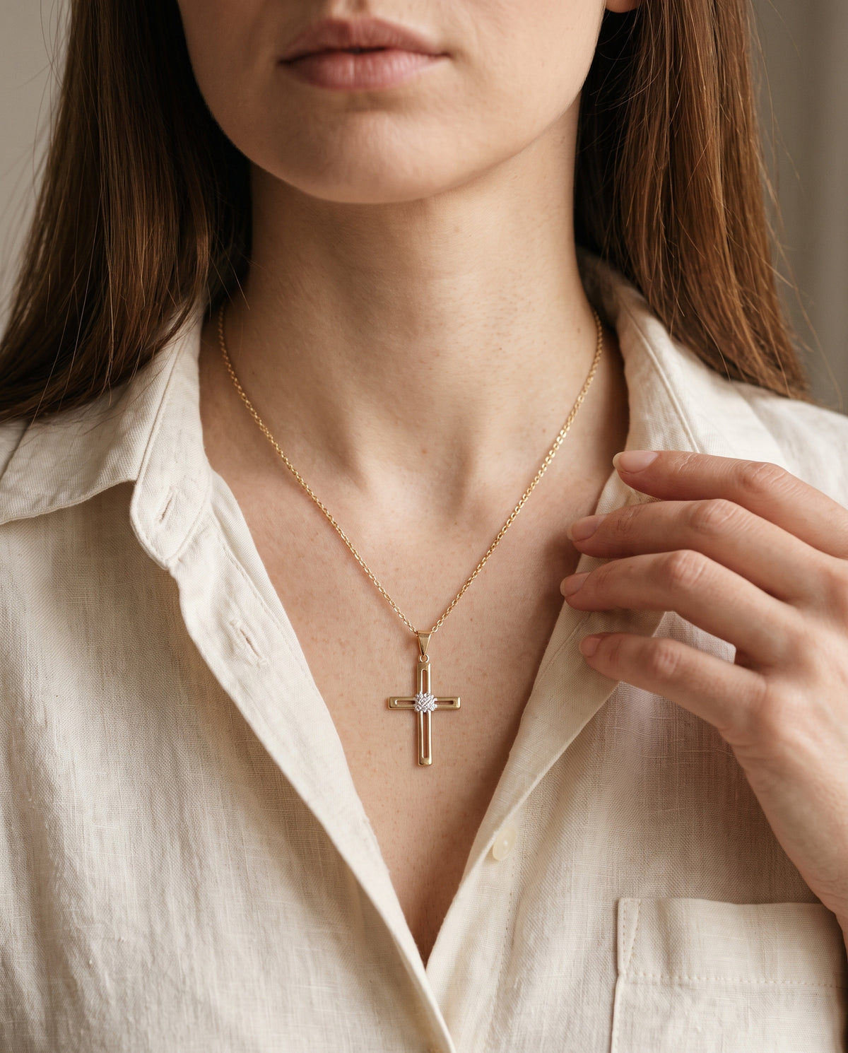 Gold Filled Cross Necklace worn by a model