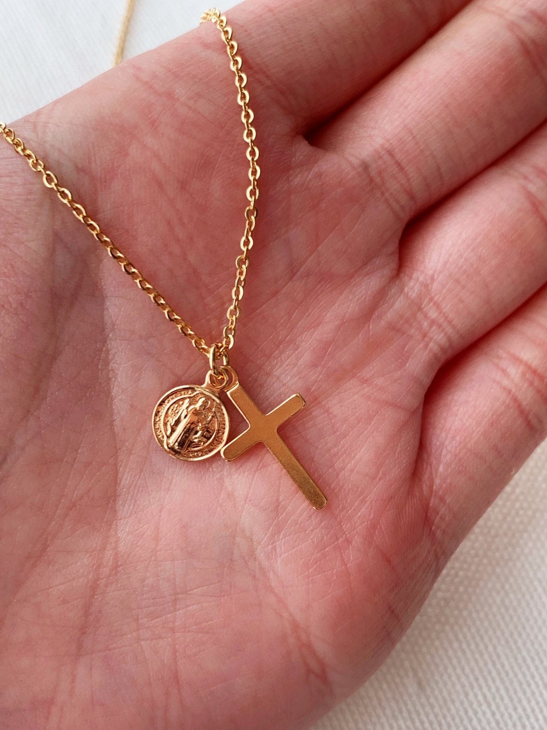 Gold Filled Cross & Saint Benedict Necklace | 18kt Shine by HAUS OF MONOGRAM