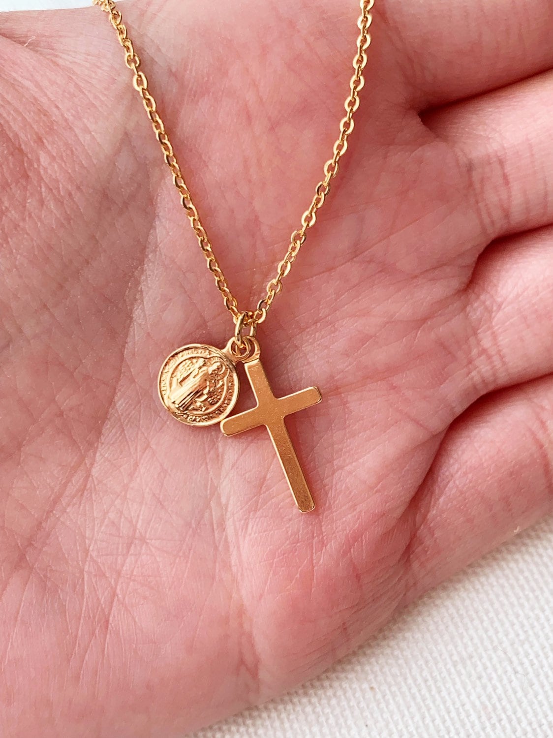 Gold Filled Cross & Saint Benedict Necklace | 18kt Shine by HAUS OF MONOGRAM