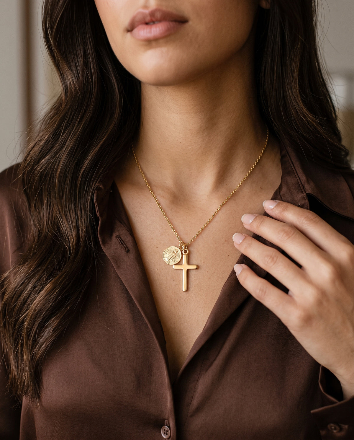Gold Filled Cross & Saint Benedict Necklace worn by a model