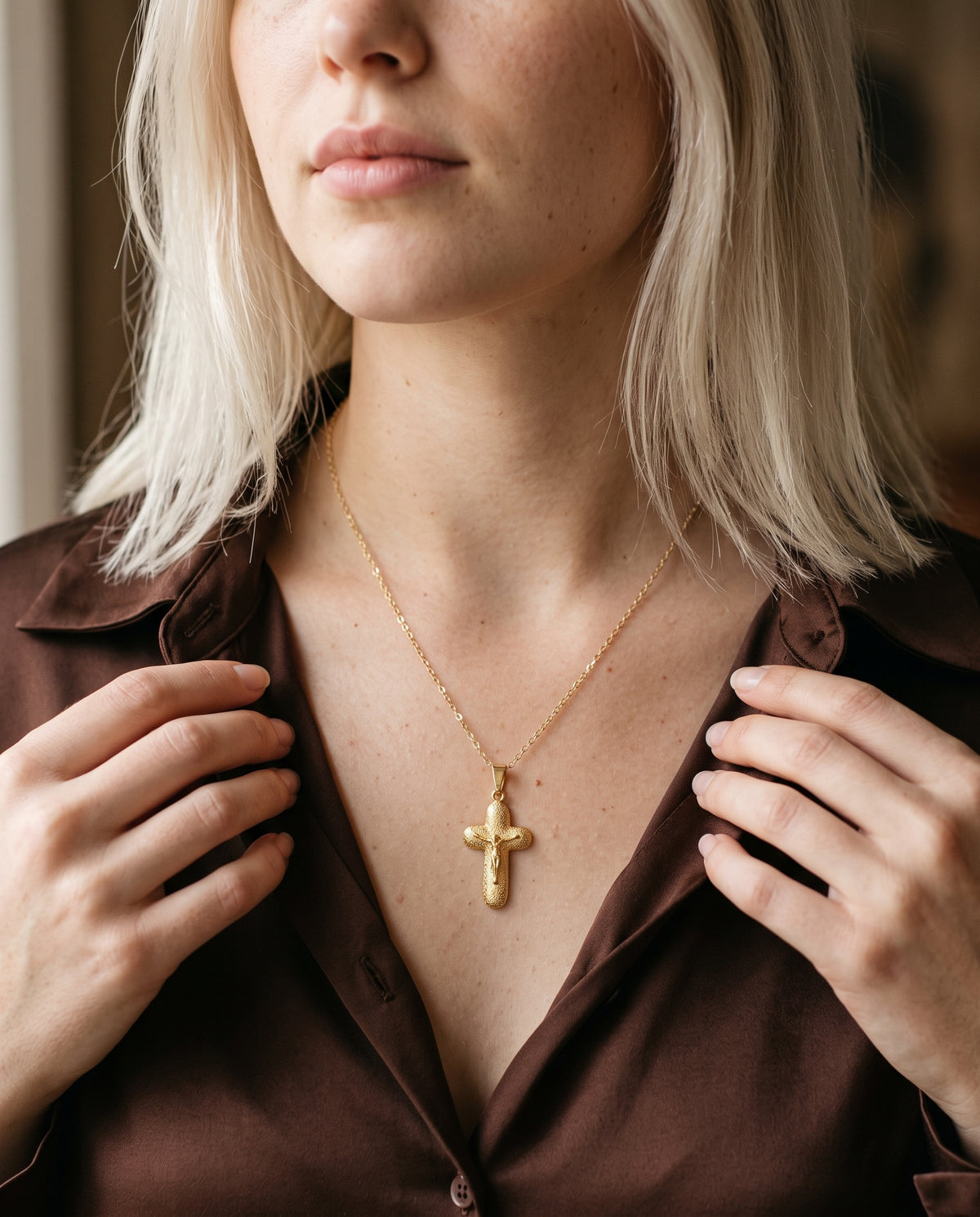 Gold Filled Crucifix Necklace worn by a model