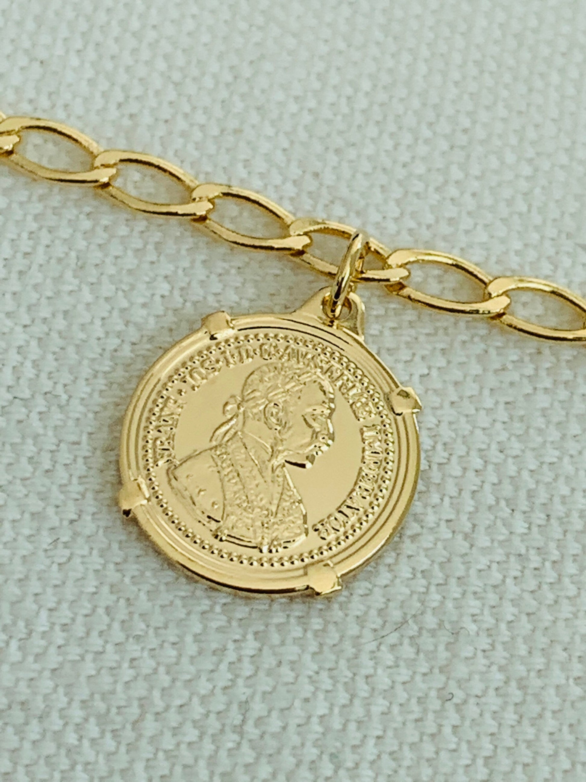 18KT Gold Filled Bracelets, Gold Filled Curb Bracelet | Coin Charm Layering Accent by HAUS OF MONOGRAM
