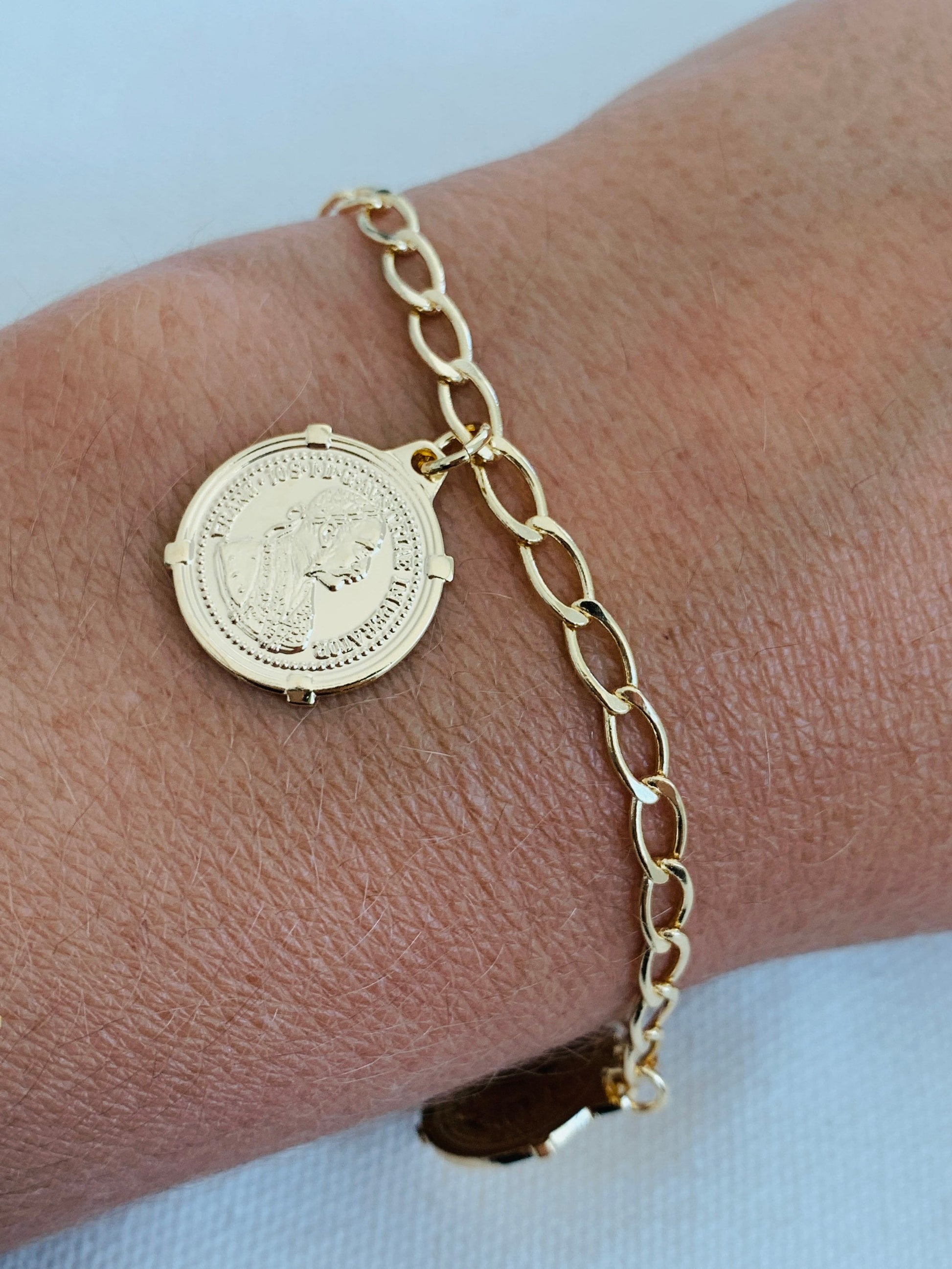 18KT Gold Filled Bracelets, Gold Filled Curb Bracelet | Coin Charm Layering Accent by HAUS OF MONOGRAM