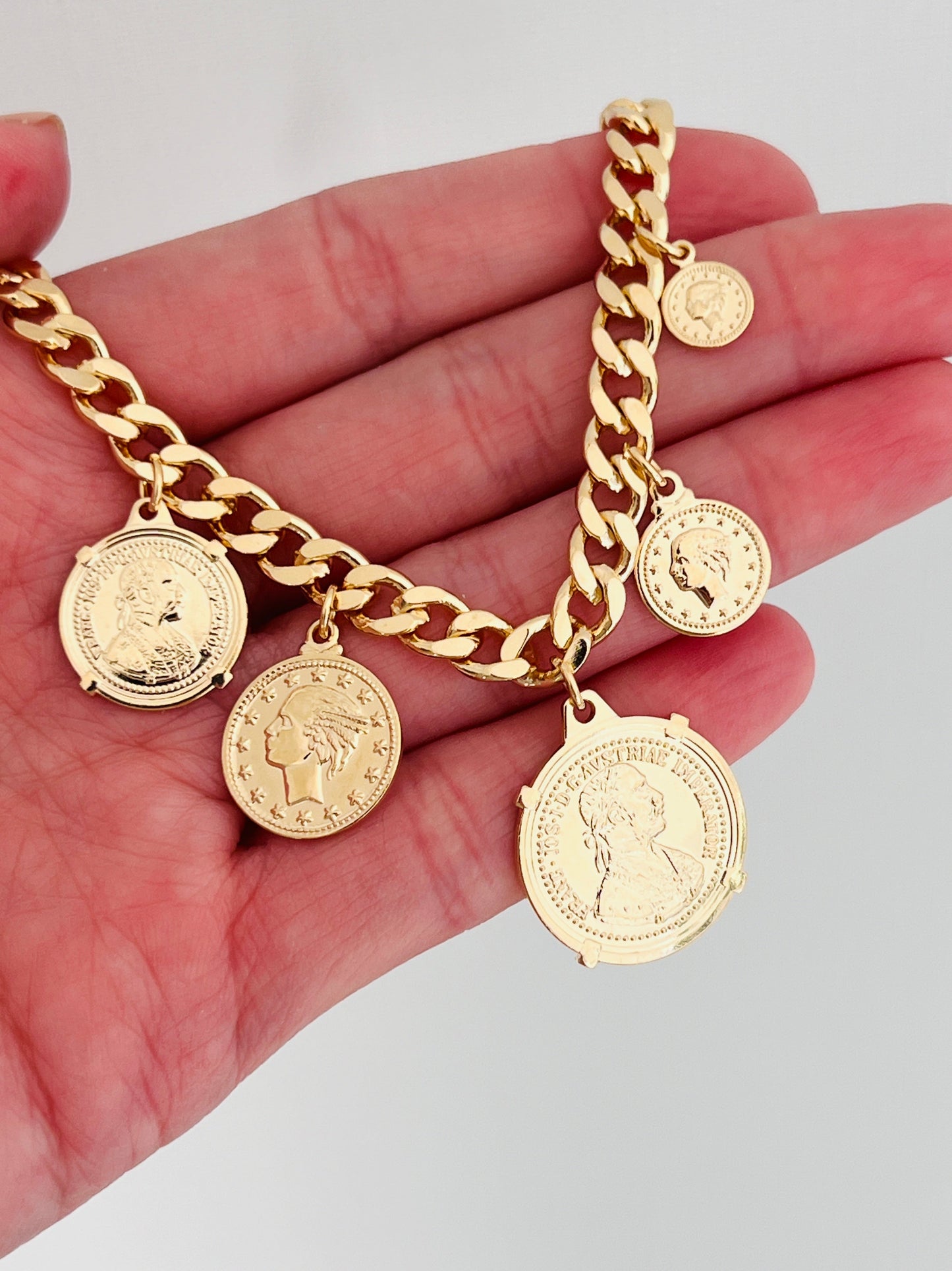 18KT Gold Filled Bracelets, Gold Filled Curb Bracelet | Coin Charm Statement Piece by HAUS OF MONOGRAM