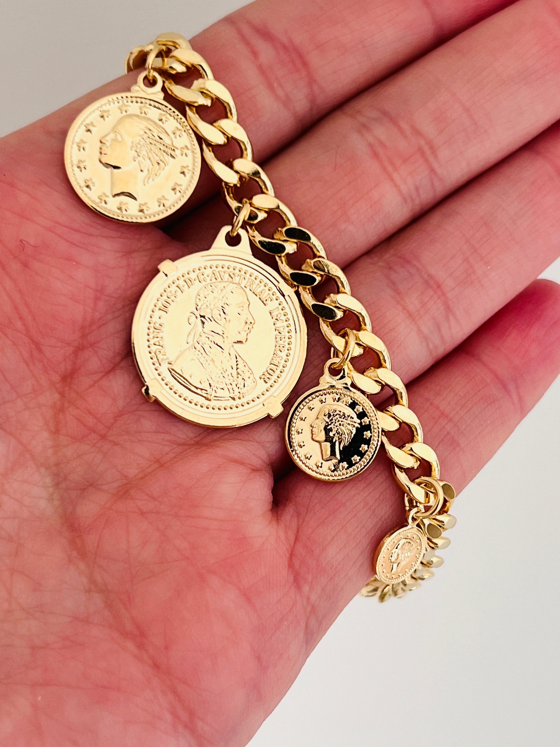 18KT Gold Filled Bracelets, Gold Filled Curb Bracelet | Coin Charm Statement Piece by HAUS OF MONOGRAM