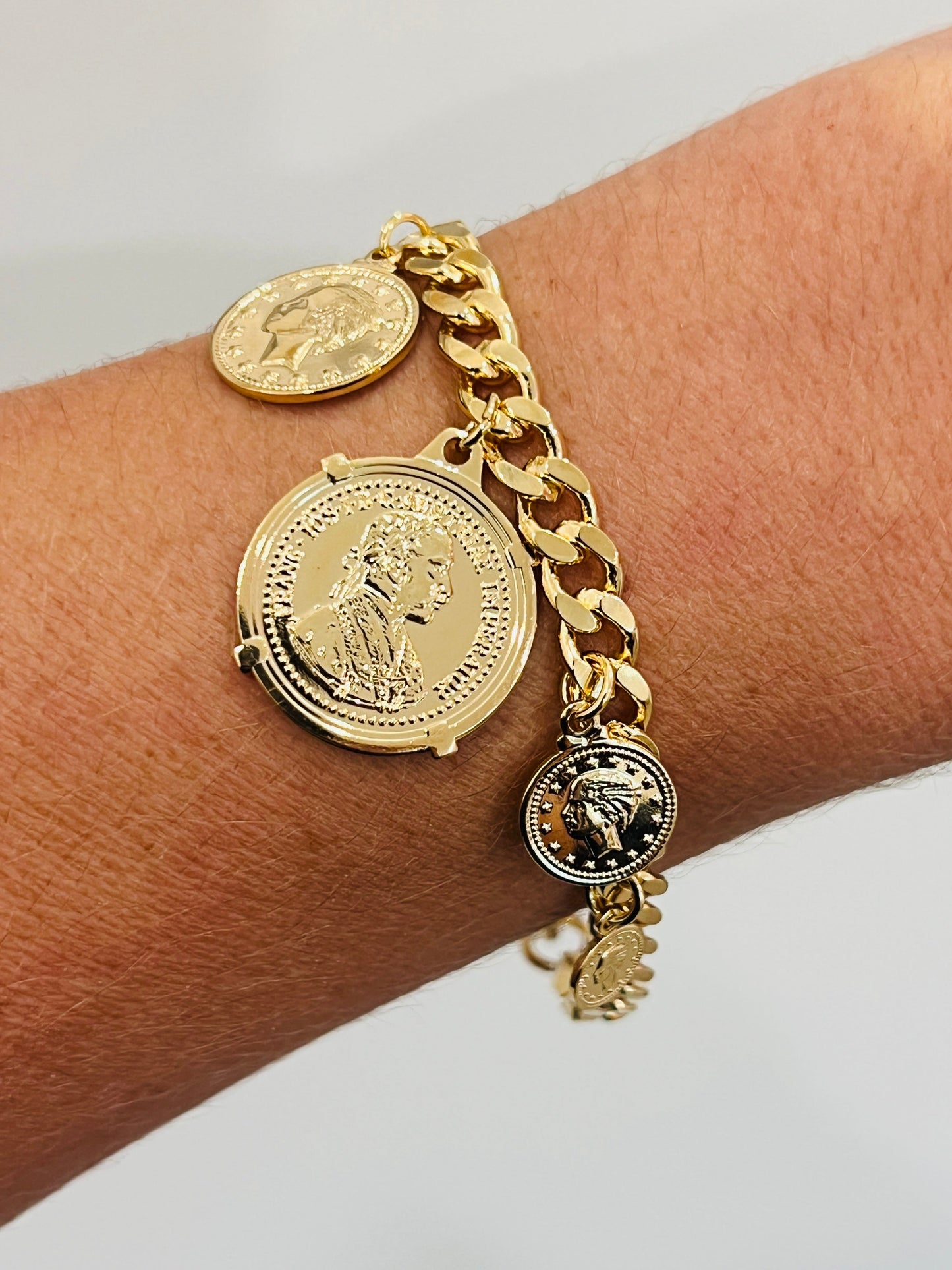 18KT Gold Filled Bracelets, Gold Filled Curb Bracelet | Coin Charm Statement Piece by HAUS OF MONOGRAM