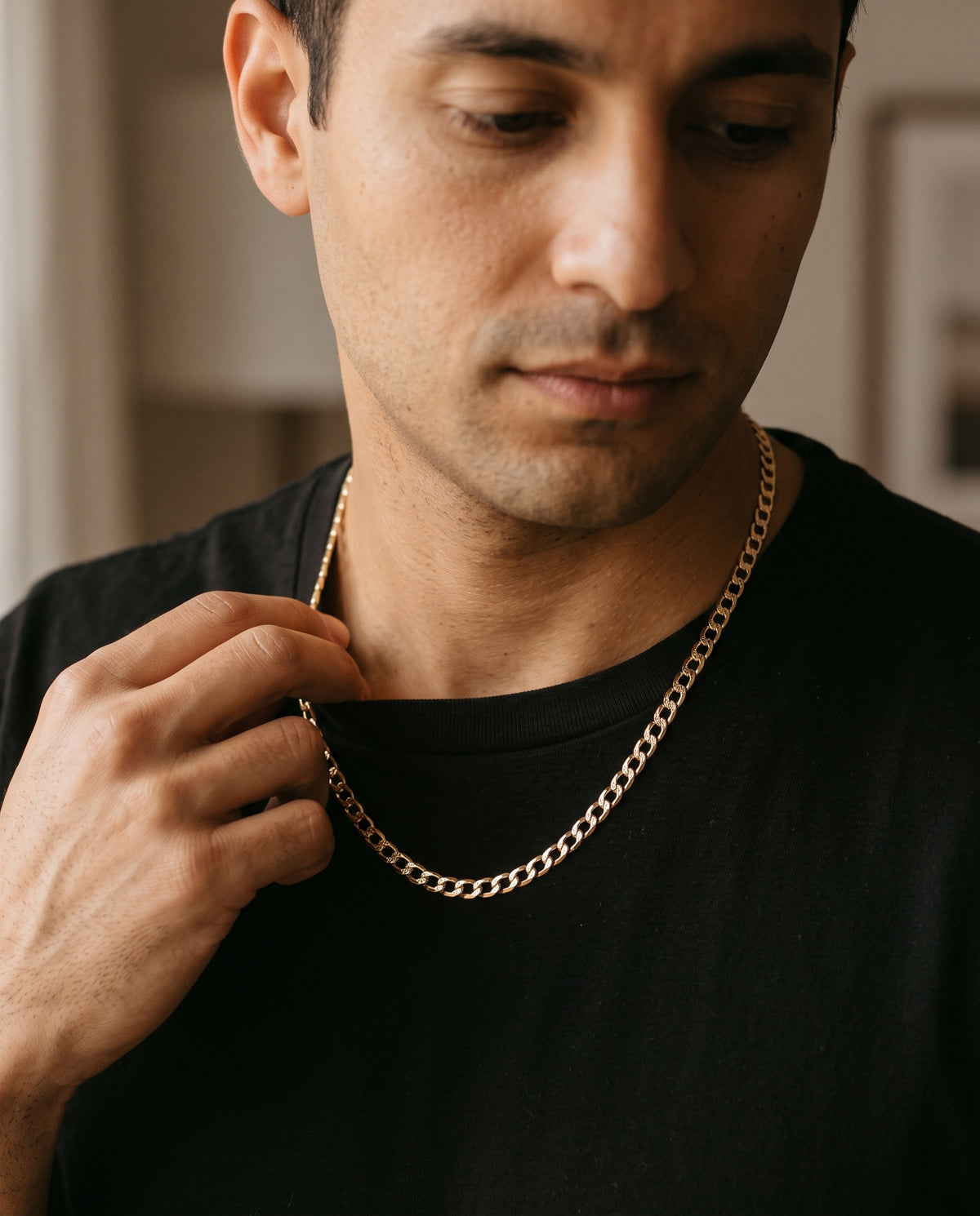 Gold Filled Curb Chain worn by a model