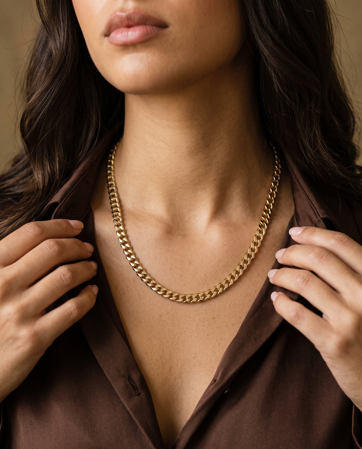 Gold Filled Curb Chain worn by a model