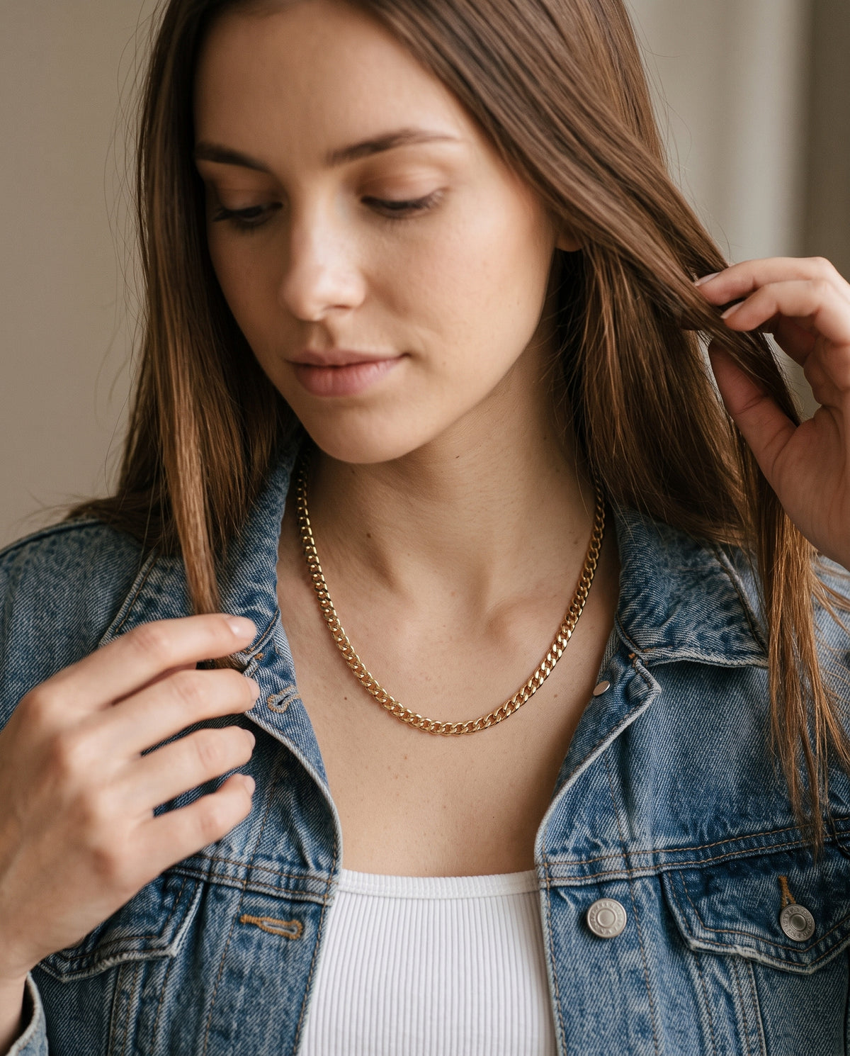 Gold Filled Curb Chain Necklace worn by a model