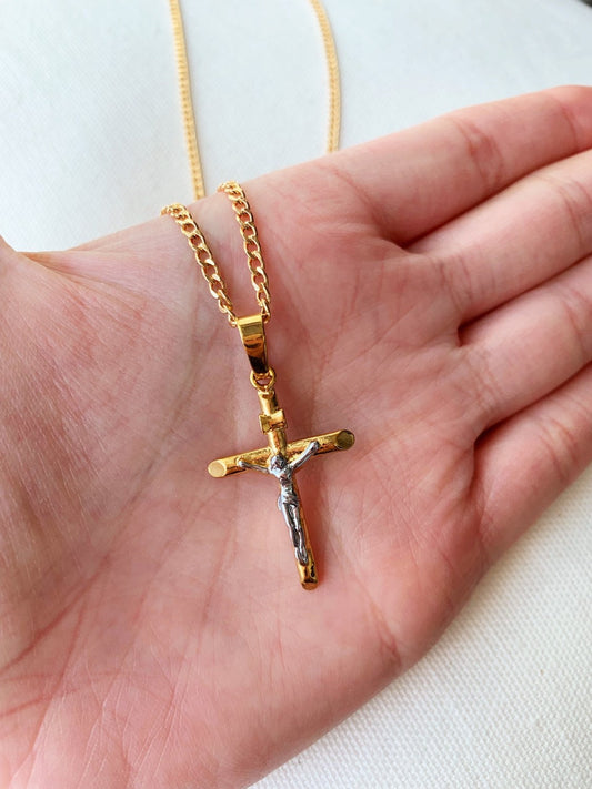 18KT Gold Filled Men's Chains, Gold Filled Curb Chain | Two Tone Cross Pendant | 20-22" by HAUS OF MONOGRAM