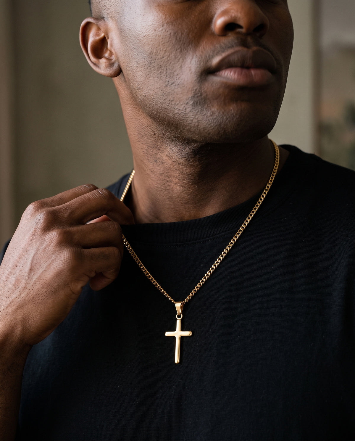Gold Filled Curb Chain with Cross Pendant worn by a model