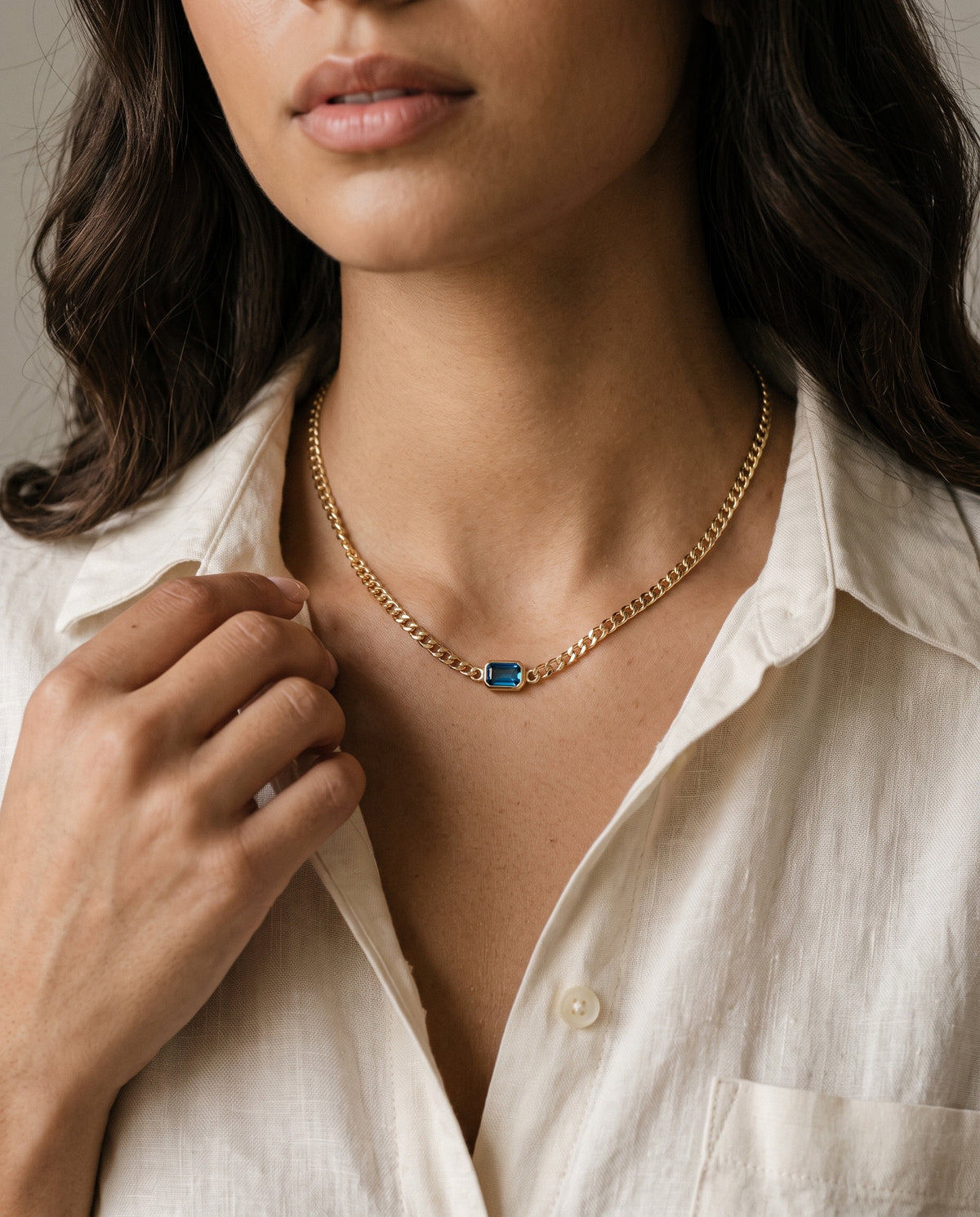 Gold Filled Curb Necklace worn by a model