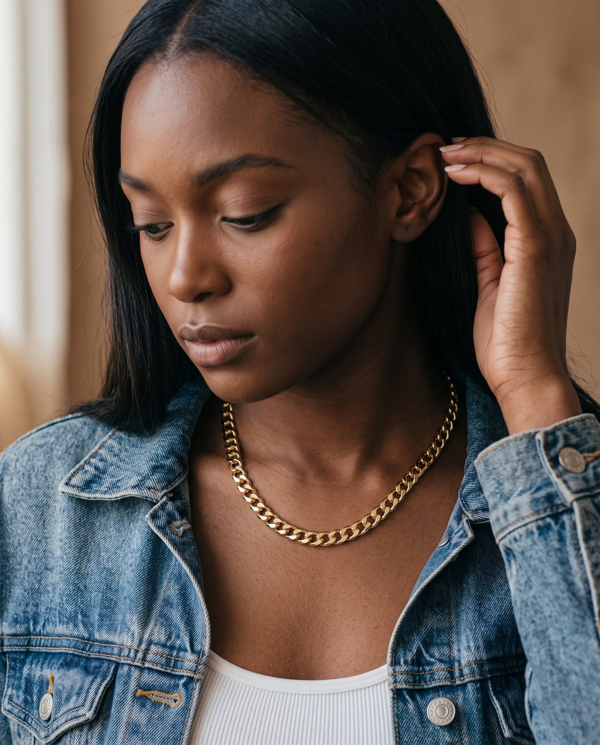Gold Filled Curb Necklace worn by a model