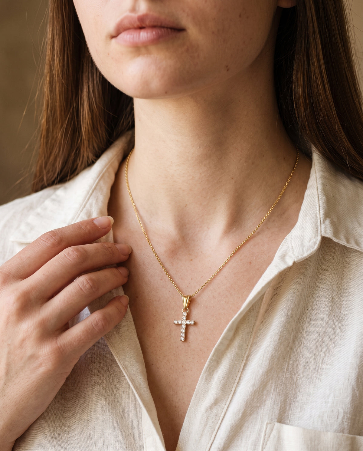 Gold Filled CZ Cross Necklace worn by a model