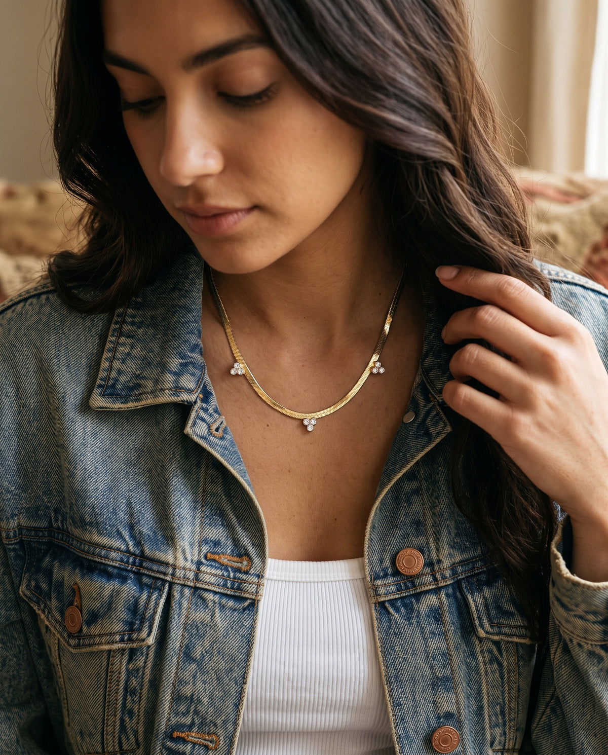 Gold Filled CZ Herringbone Necklace worn by a model