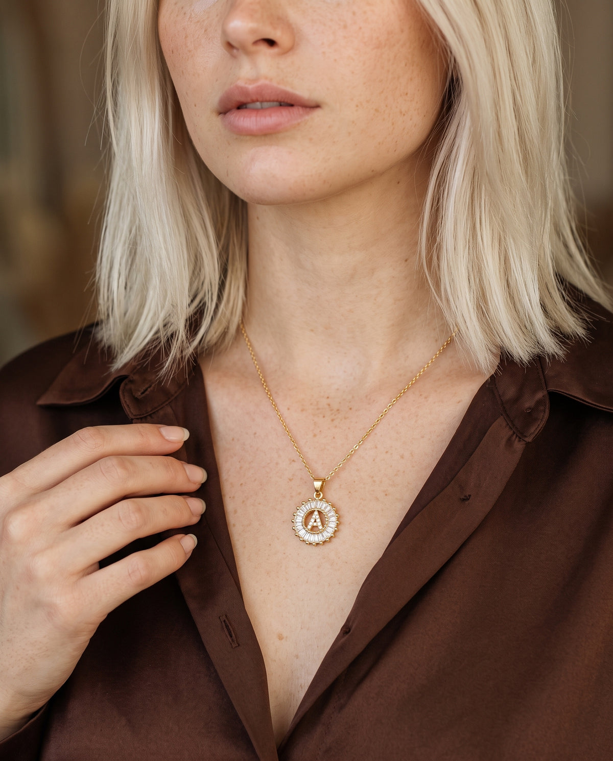 Gold Filled CZ Initial Pendant Necklace worn by a model
