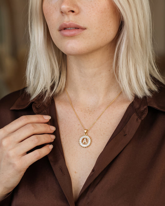 Gold Filled CZ Initial Pendant Necklace worn by a model
