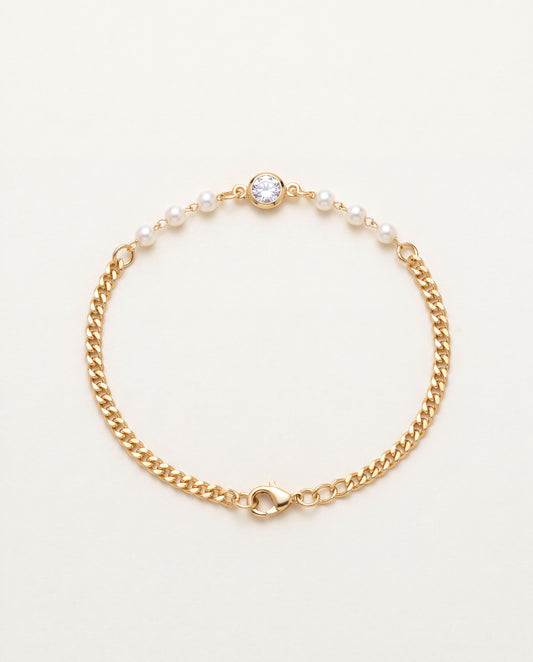 18KT Gold Filled Bracelets, Gold Filled CZ & Pearl Curb Bracelet | 7.25” + 2” Extender by HAUS OF MONOGRAM