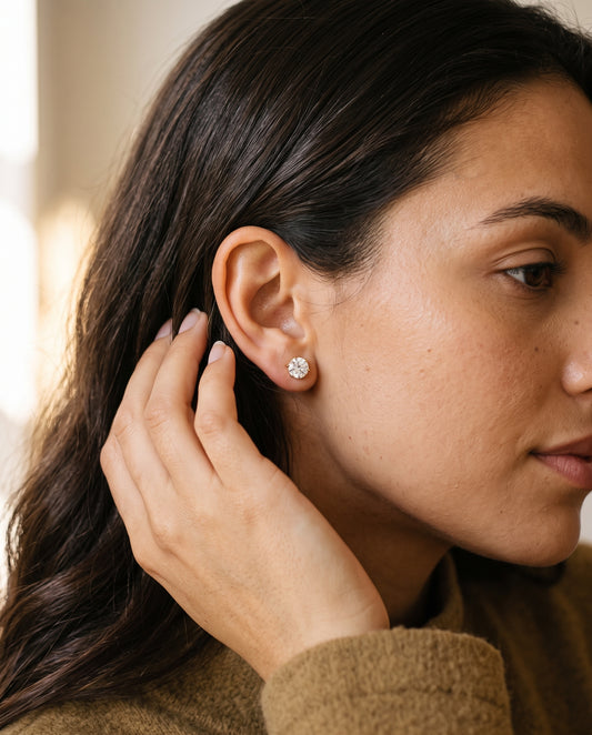 Gold Filled CZ Stud Earrings worn by a model