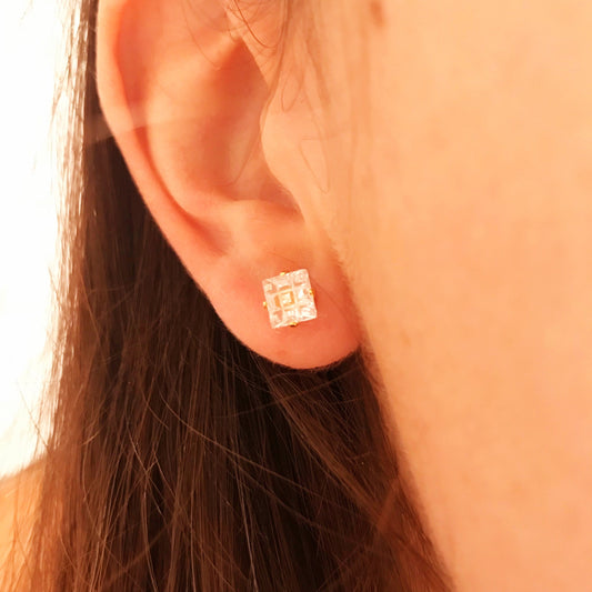 18KT Gold Filled Earrings, Gold Filled CZ Studs | 7mm Square Crystal Earrings by HAUS OF MONOGRAM