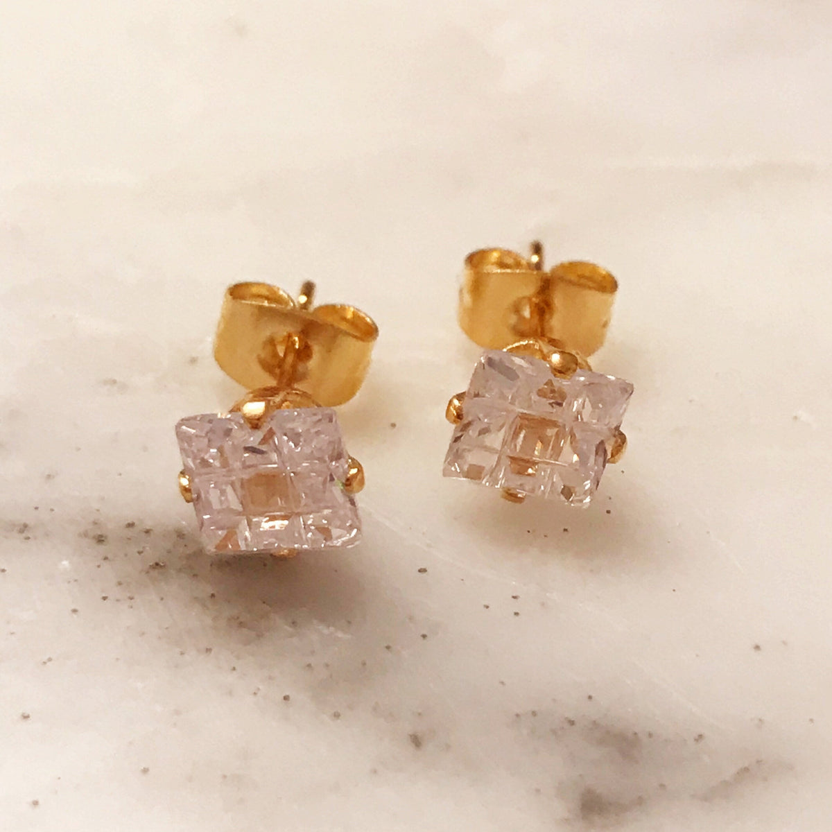 18KT Gold Filled Earrings, Gold Filled CZ Studs | 7mm Square Crystal Earrings by HAUS OF MONOGRAM