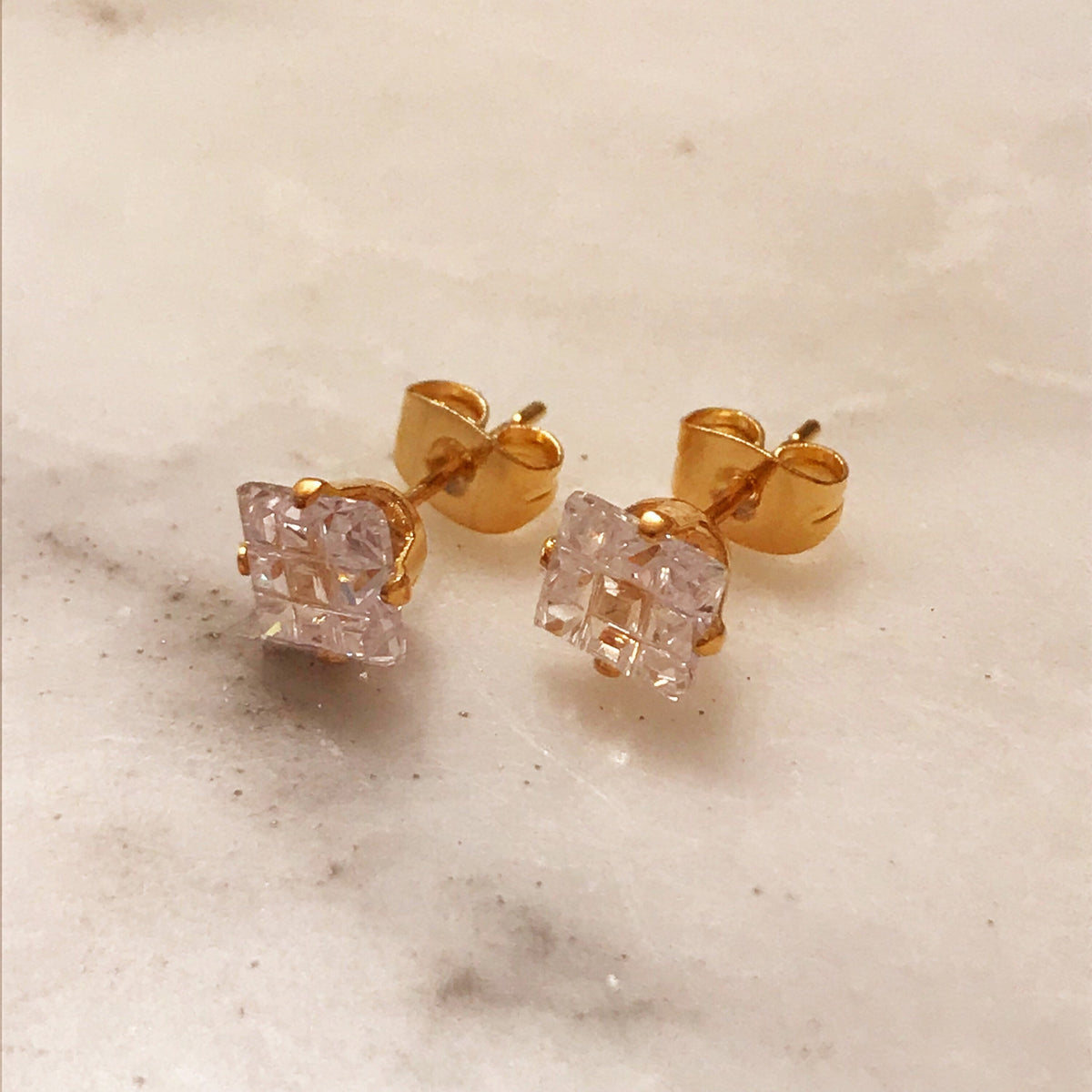 18KT Gold Filled Earrings, Gold Filled CZ Studs | 7mm Square Crystal Earrings by HAUS OF MONOGRAM