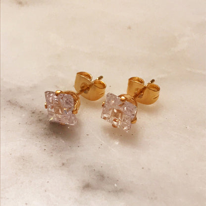 18KT Gold Filled Earrings, Gold Filled CZ Studs | 7mm Square Crystal Earrings by HAUS OF MONOGRAM