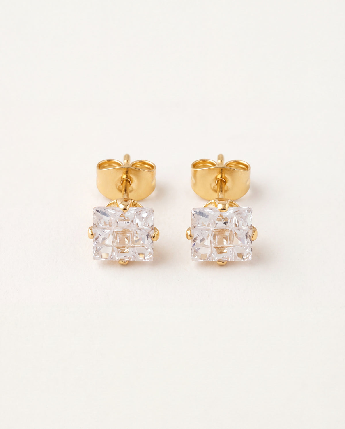 18KT Gold Filled Earrings, Gold Filled CZ Studs | 7mm Square Crystal Earrings by HAUS OF MONOGRAM