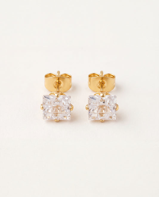 18KT Gold Filled Earrings, Gold Filled CZ Studs | 7mm Square Crystal Earrings by HAUS OF MONOGRAM