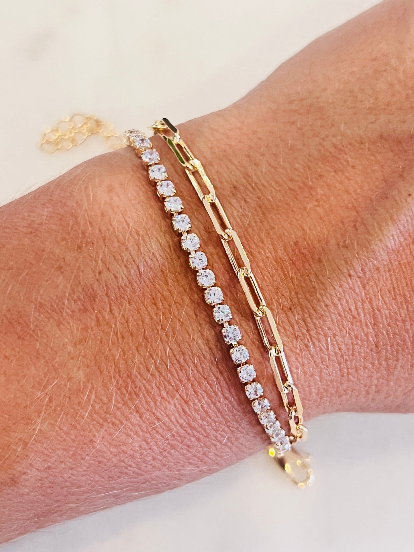 18KT Gold Filled Bracelets, Gold Filled CZ Tennis & Paperclip Bracelet | Sparkle Meets Edge by HAUS OF MONOGRAM