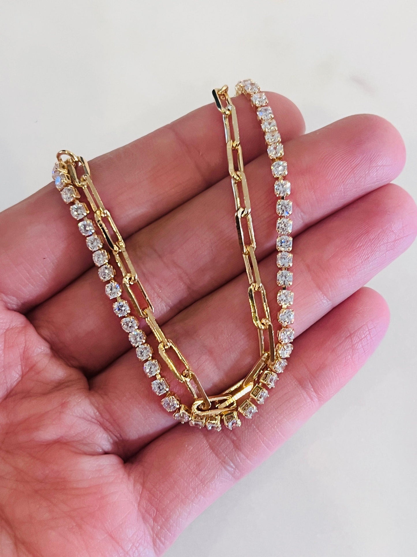 18KT Gold Filled Bracelets, Gold Filled CZ Tennis & Paperclip Bracelet | Sparkle Meets Edge by HAUS OF MONOGRAM