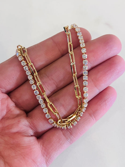 18KT Gold Filled Bracelets, Gold Filled CZ Tennis & Paperclip Bracelet | Sparkle Meets Edge by HAUS OF MONOGRAM